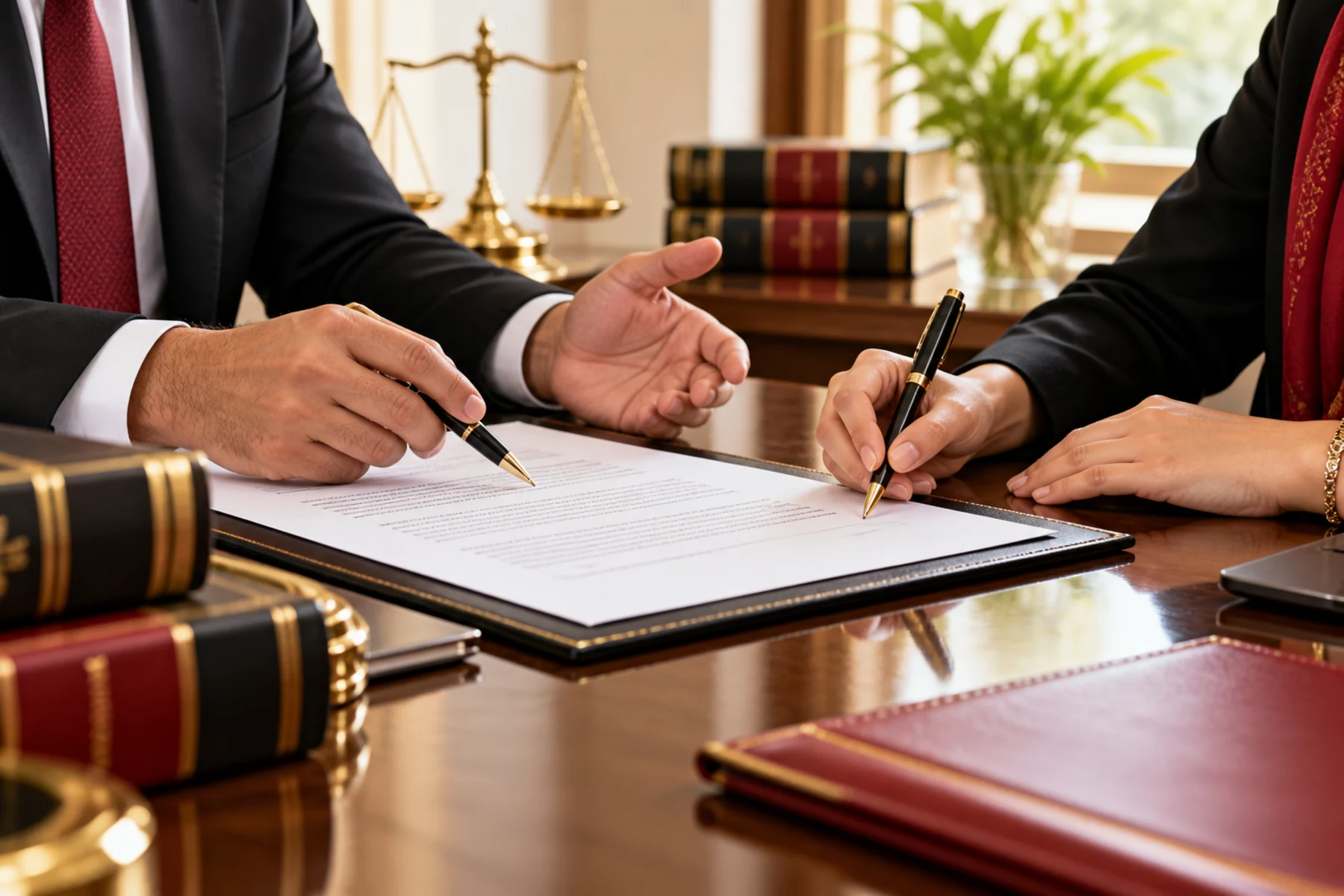 Hands resting on an agreement, a pen held above the page before signing