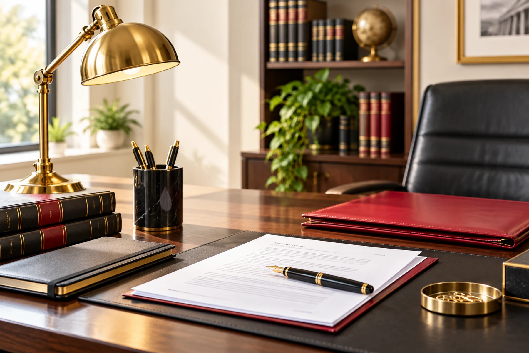 A single organised working desk lit in an otherwise dark office