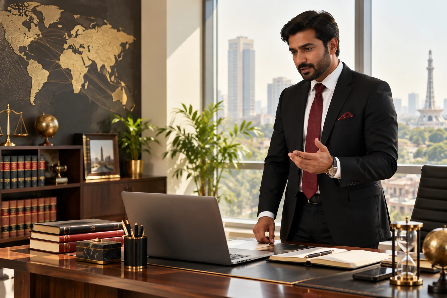 A professional abroad speaking on the phone beside a document folder at night